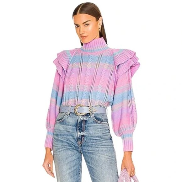 Something Navy Ruffle Mockneck Sweater Pink Combo - Picture 1 of 4